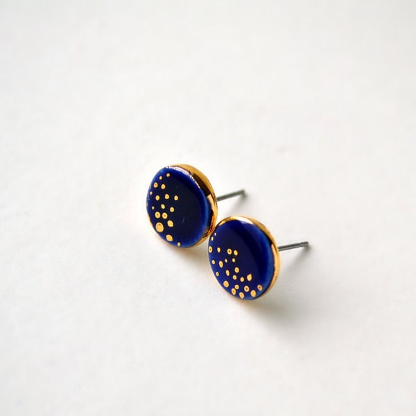 Cobalt magic earrings - blue porcelain jewelry - Matsumaini Collection - 24K gold painted porcelain stud post earrings