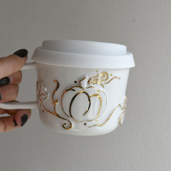 Cappuccino travel cup - white and gold pumpkin spice - reusable coffee cup with handle