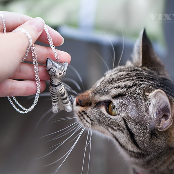 Custom cat portrait pendant silver plated chain - ceramic cat  - custom pet pendant necklace made to order spring gift MADE TO ORDER