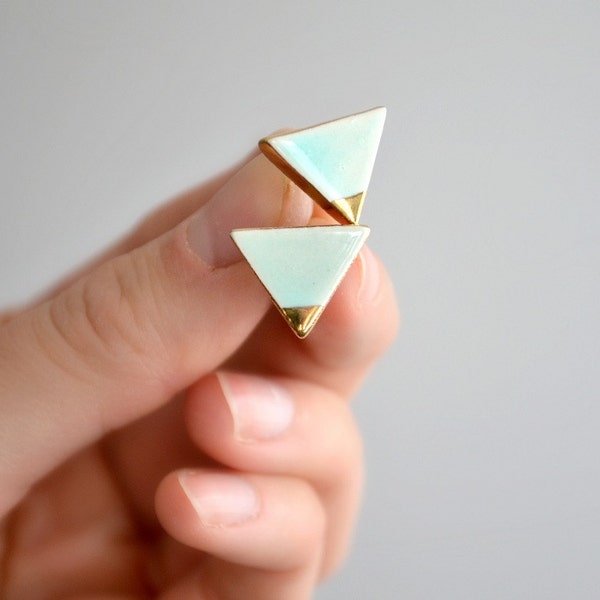 Triangle - gold tip mint triangle earrings - geometric ceramic earrings posts studs - Jasmin Blanc jewelry