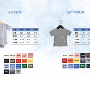 a collection of baby clothing items, including onesies and short-sleeved t-shirts, with size and color options available.