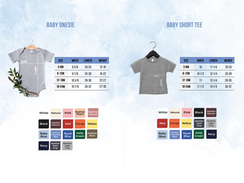 a collection of baby clothing items, including onesies and short-sleeved t-shirts, with size and color options available.