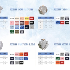 The image is a collage of four images showing different sizes and styles of toddler short sleeve t-shirts and long sleeve hoodies.