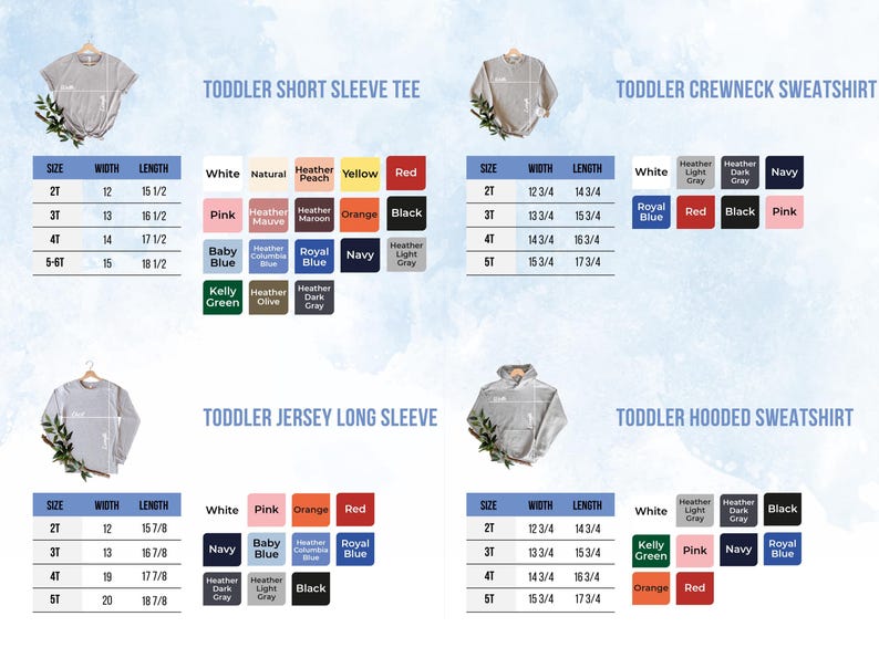The image is a collage of four images showing different sizes and styles of toddler short sleeve t-shirts and long sleeve hoodies.