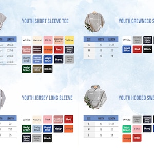 The image is a collage of four images showing different sizes and styles of youth short sleeve t-shirts and hooded sweatshirts.
