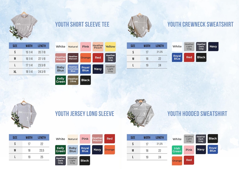 The image is a collage of four images showing different sizes and styles of youth short sleeve t-shirts and hooded sweatshirts.