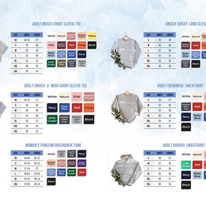 The image is a collage of six different short sleeve t-shirts, each with a unique color and size, along with their corresponding measurements.