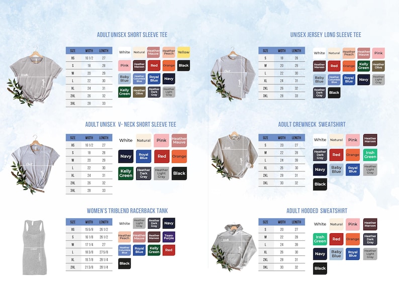 The image is a collage of six different short sleeve t-shirts, each with a unique color and size, along with their corresponding measurements.