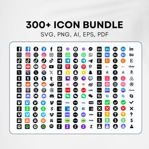 Puede incluir: Un paquete de iconos digitales con más de 300 iconos para plataformas de redes sociales, procesadores de pago y más. Los formatos incluyen SVG, PNG, AI, EPS y PDF. Los iconos son en blanco, negro y varios colores.