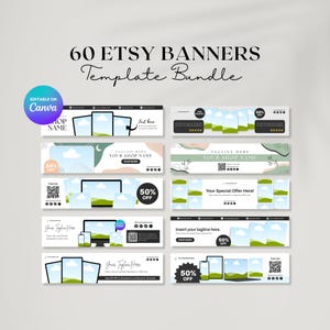 May include: A collection of 60 Etsy banner templates, editable on Canva. The designs feature various layouts with space for shop names, taglines, and promotional offers. Each banner includes a 50% off promotion.