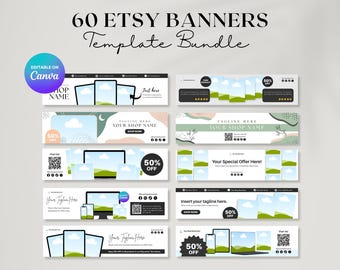 Paquete de 60 plantillas de banners para tiendas de Etsy: plantillas de banner editables en Canva, maquetas de banners con íconos editables de Canva (descarga digital)