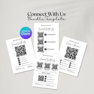 Könnte beinhalten: Eine Bundle-Vorlage mit dem Text "Connect With Us" und "Leave a Review!" in einer handschriftlichen Schriftart. Die Vorlage enthält QR-Codes und Social-Media-Symbole für Facebook, Instagram und TikTok. Der Text "Bearbeitbar auf Canva" ist ebenfalls vorhanden.