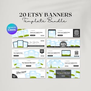 Könnte beinhalten: Ein Bundle von 20 Etsy-Banner-Vorlagen mit einem klaren, modernen Design. Jedes Banner bietet Platz für Bilder, Slogans und Shop-Informationen. Die Vorlagen beinhalten ein 50% Rabatt-Angebot und sind auf Canva bearbeitbar.