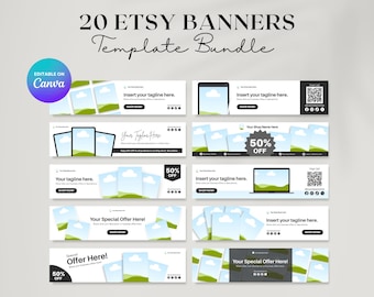 Paquete de 20 plantillas de banners para tiendas Etsy: diseños de portada editables en Canva, maquetas de banners e íconos editables en Canva (descarga digital)