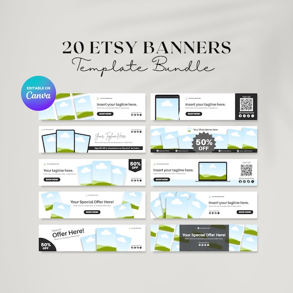 20 Etsy Shop Banners Template Bundle | Editable Canva Cover Photo Designs, Banner Mock Ups, With Canva Editable Icons (Digital Download)