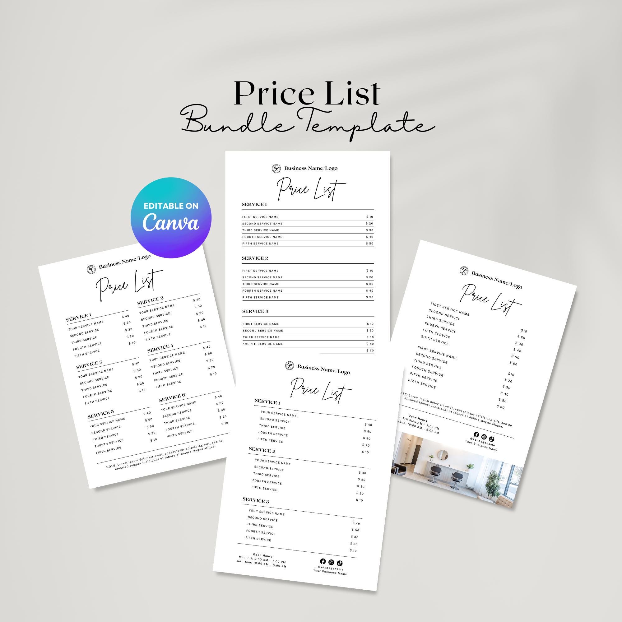 Price List Template Bundle | 4 Editable A4 Minimalist Designs + 200 ...