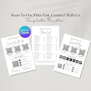 Può includere: Un pacchetto di modelli con tre pagine bianche. Le pagine includono un listino prezzi, una pagina "Connettiti con noi" con codici QR dei social media e una pagina "Scansiona per pagare" con opzioni di pagamento. È presente anche il testo "Modificabile su Canva".