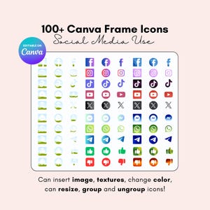 Puede incluir: Gráfico con iconos de redes sociales, incluyendo Facebook, Instagram, TikTok y YouTube. El texto dice "100+ Canva Frame Icons" y "Social Media Use". El texto también indica que los iconos se pueden editar en Canva.