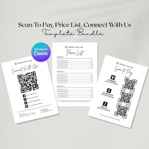 Könnte beinhalten: Ein Vorlagenpaket mit Preisliste, Kontaktmöglichkeiten und Scan-to-Pay-Optionen. Die Preisliste ist in einem einfachen Format gehalten. Die Scan-to-Pay-Option umfasst Venmo, Cashapp und Zelle. Der Text "Editable on Canva" ist ebenfalls enthalten.