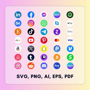 May include: A digital graphic featuring social media and payment platform icons, including Facebook, Instagram, and PayPal, arranged in a grid. The text "SVG, PNG, AI, EPS, PDF" is displayed at the bottom, indicating file formats.