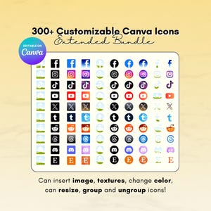 Könnte beinhalten: Digitalgrafik mit Social-Media-Symbolen wie Facebook, Instagram und Twitter. Das Bild enthält den Text "300+ Customizable Canva Icons Extended Bundle" und Anweisungen zum Einfügen von Bildern, Ändern von Farben und Ändern der Größe von Symbolen.