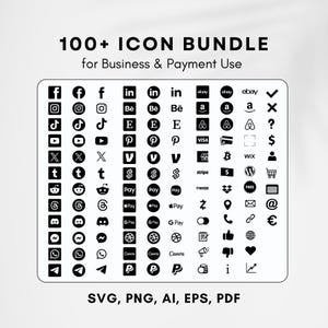 May include: A collection of over 100 black and white icons for business and payment use. Includes social media, payment, and website logos. Formats include SVG, PNG, AI, EPS, and PDF.