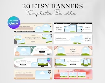 Paquete de 20 plantillas de banners para tiendas Etsy: diseños de portada editables en Canva, maquetas de banners e íconos editables en Canva (descarga digital)