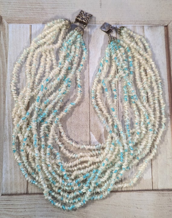 Multi strand aqua & white glass necklace, cased g… - image 2