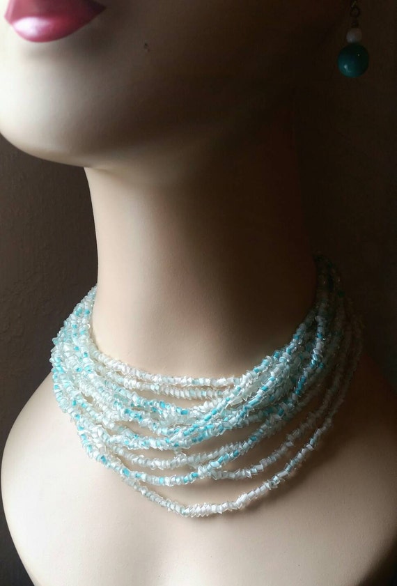 Multi strand aqua & white glass necklace, cased g… - image 7