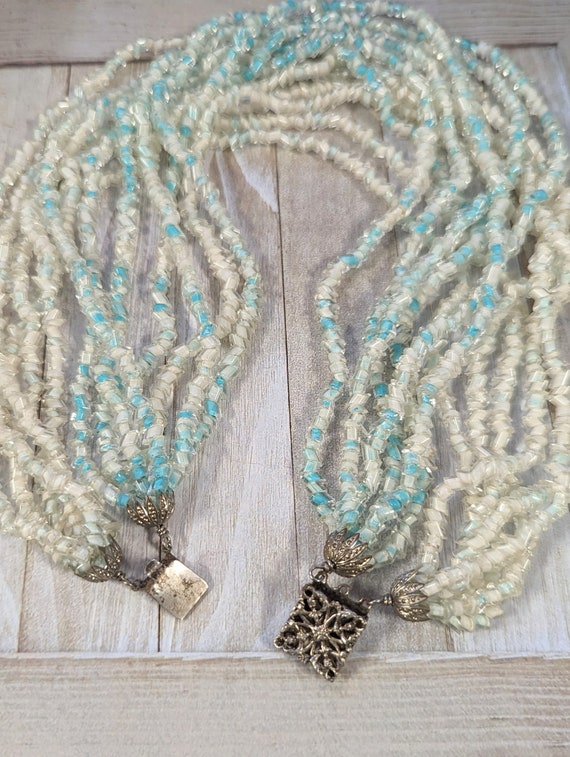 Multi strand aqua & white glass necklace, cased g… - image 3