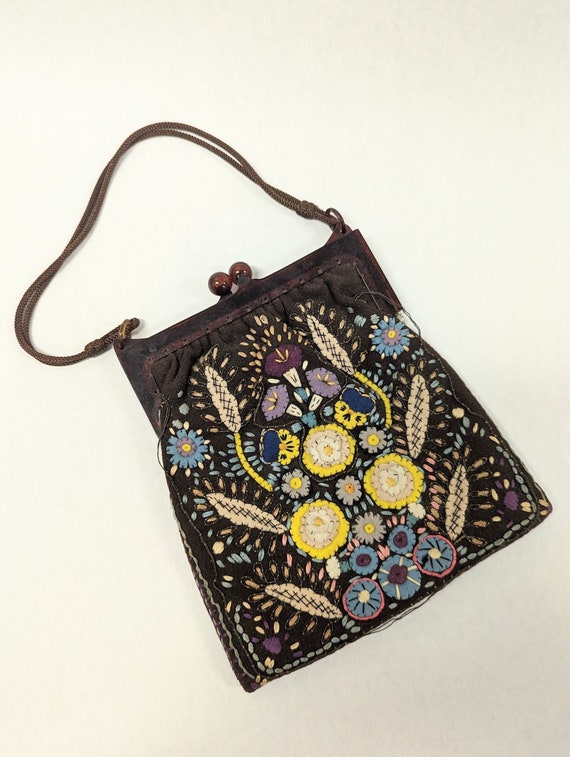 Vintage wool felt embroidered purse, folk art purs