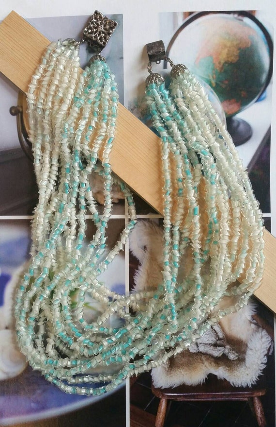 Multi strand aqua & white glass necklace, cased g… - image 4