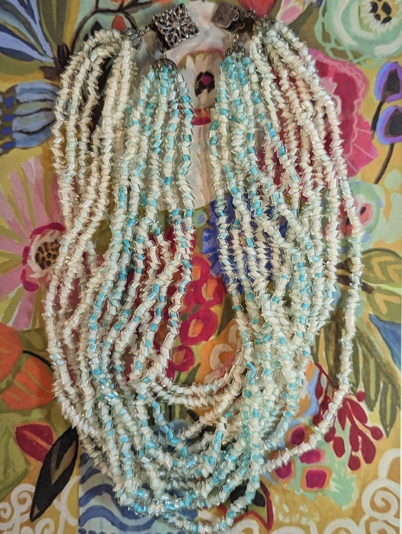Multi strand aqua & white glass necklace, cased g… - image 8