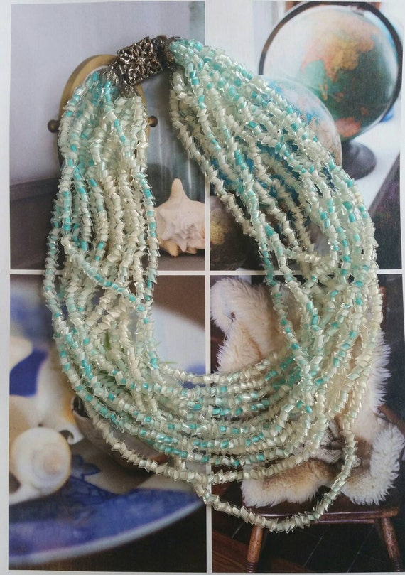 Multi strand aqua & white glass necklace, cased g… - image 6