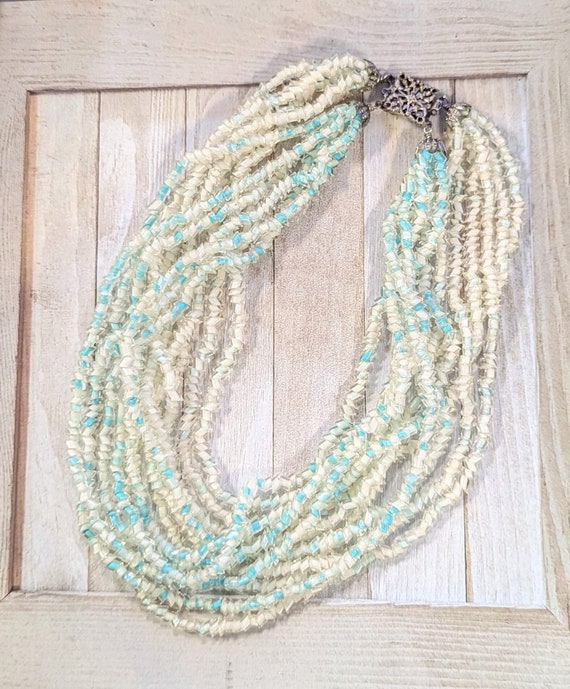 Multi strand aqua & white glass necklace, cased g… - image 1
