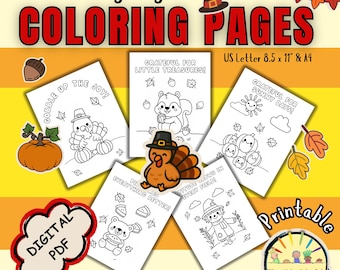 May include: A collection of printable Thanksgiving coloring pages. The pages feature various festive illustrations, including a turkey, squirrel, pumpkins, and a scarecrow. The text includes "Cute Thanksgiving Coloring Pages", "Digital PDF", and "Printable".