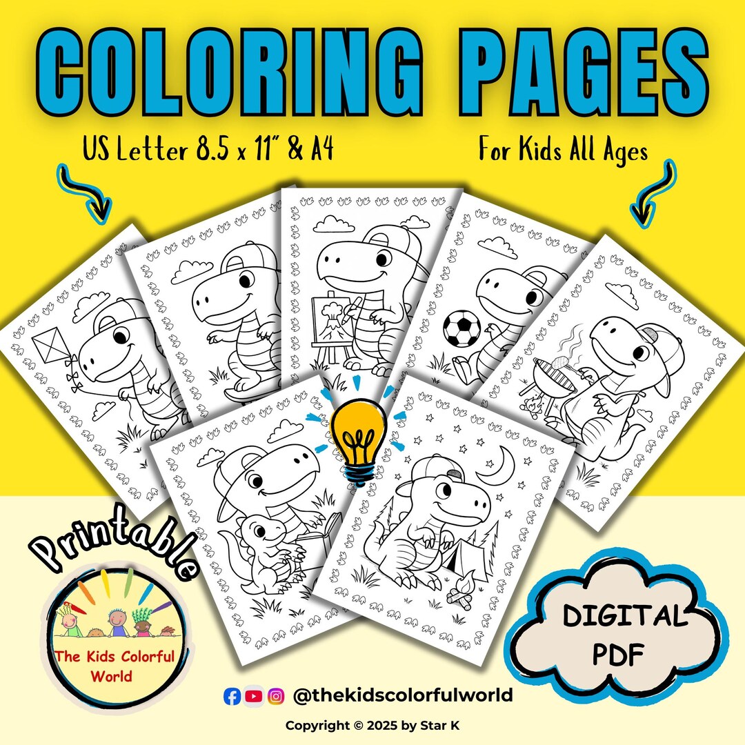 T-rex Dinosaur Coloring Pages for Kids | Fun Printable Activity (PDF ...