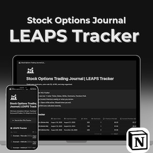 May include: A laptop and smartphone display a stock options trading journal and LEAPS tracker interface. The screen shows data fields for tracking contracts, including dates, strikes, and premiums. The title "Stock Options Journal LEAPS Tracker" is displayed at the top.