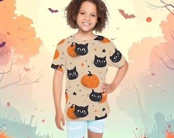Kids Halloween Shirt: Pumpkin Cat Design - Moisture-Wicking Polyester