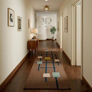 Hand Tufted Wool Runner Rug, Royal Blue Greek Key Border Hallway Carpet