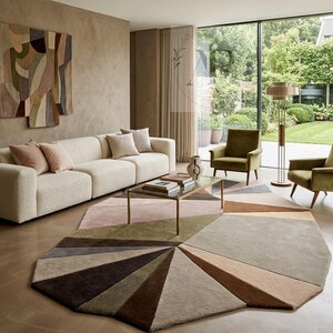 Handgetuft geometrisch zonnestraaltapijt, aardetinten abstract tapijt