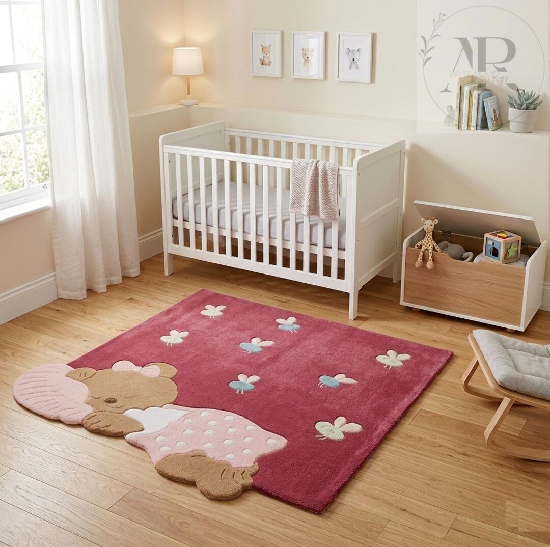 Baby Sleep Rug Pink Teddy Bear Nursery Rug – Sleeping Baby Girls Playroom Carpet - Etsy