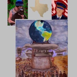 May include: An artistic book cover titled "Interlude of Carelessness" by Deborah DR Kralich. The image features a woman with a cat, a Texas outline, a portrait, and a futuristic cityscape with a globe.