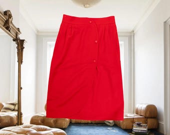 Saia lápis envelope vermelha Courrèges em pura lã, estilo anos 70 | Fabricada na França | Tamanhos femininos M e G