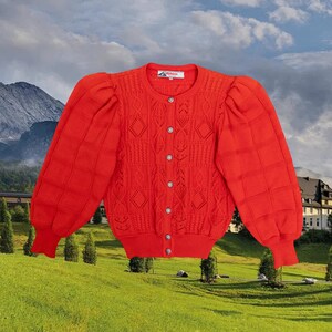 Austrian Pure New Wool Cottagecore Knitted Red Cardigan | 90s | Women M