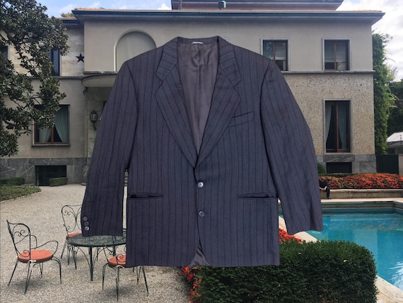 【カシミヤ混】GIANFRANCO FERRE ダブル スーツ 46 Pure New Wool Gianfranco Ferré Pinstriped Dark Grey Blazer Italy L