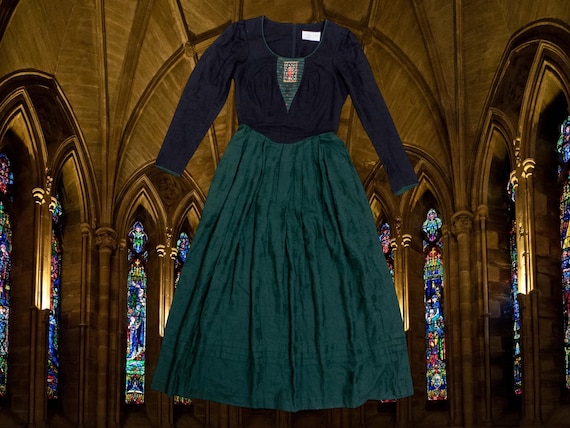 Austria Made Pure Cotton Medieval Embroideries Black Green Dress Women M