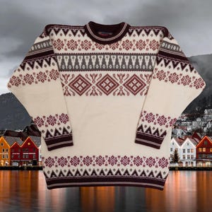 Pure New Wool Norwegian Folk Beige Sweater | Devold Norway 90s | Unisex L