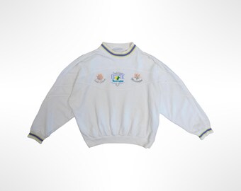 80s Adidas Trefoil Embroidered Crewneck White Cotton Sweatshirt