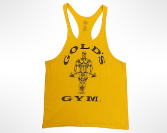 May include: A bright yellow racerback tank top featuring the black Gold's Gym logo and a graphic illustration of a bodybuilder holding a barbell centered on the front. The garment has a scoop neckline and thin shoulder straps.